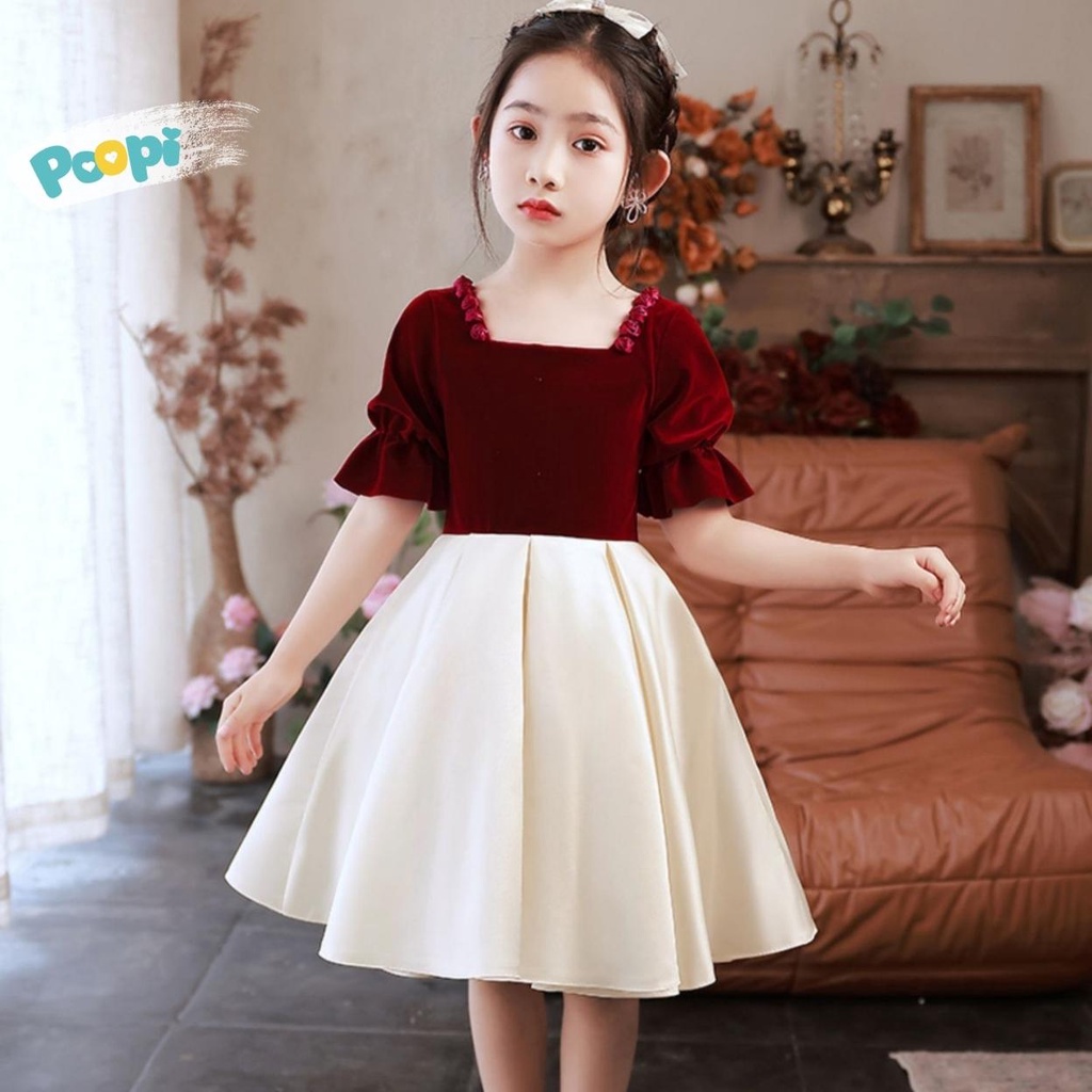 Váy bé gái poopi váy công chúa nhung cổ đính hoa nhỏ xinh đẹp cho bé