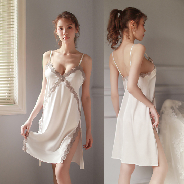[HCM]Váy ngủ sexy satin lụa đầm ngủ hai dây phối ren chéo ngực xẻ lai cao cấp