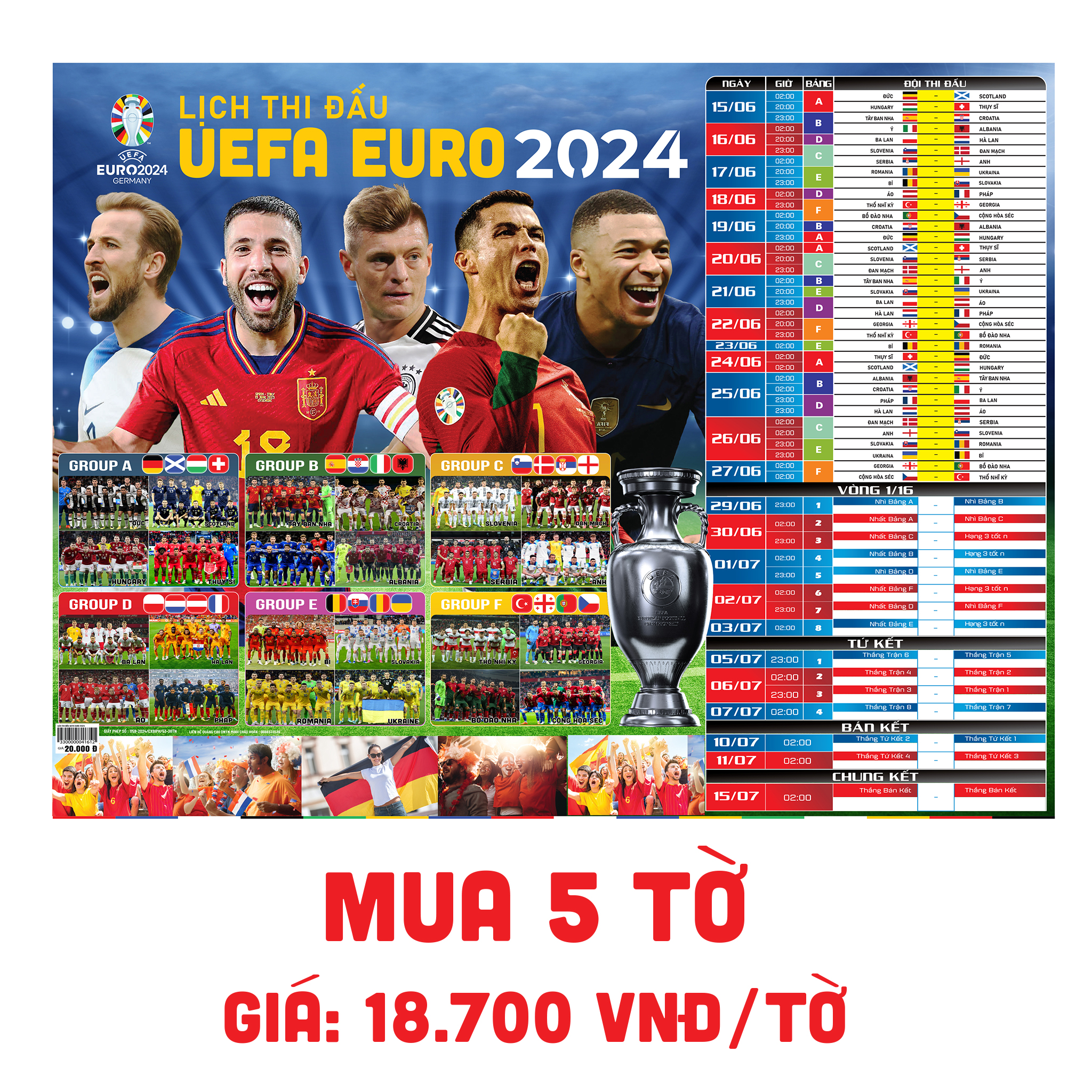 Lịch thi đấu bóng đá EURO 2024 ( Kích thước 86 X 65 )