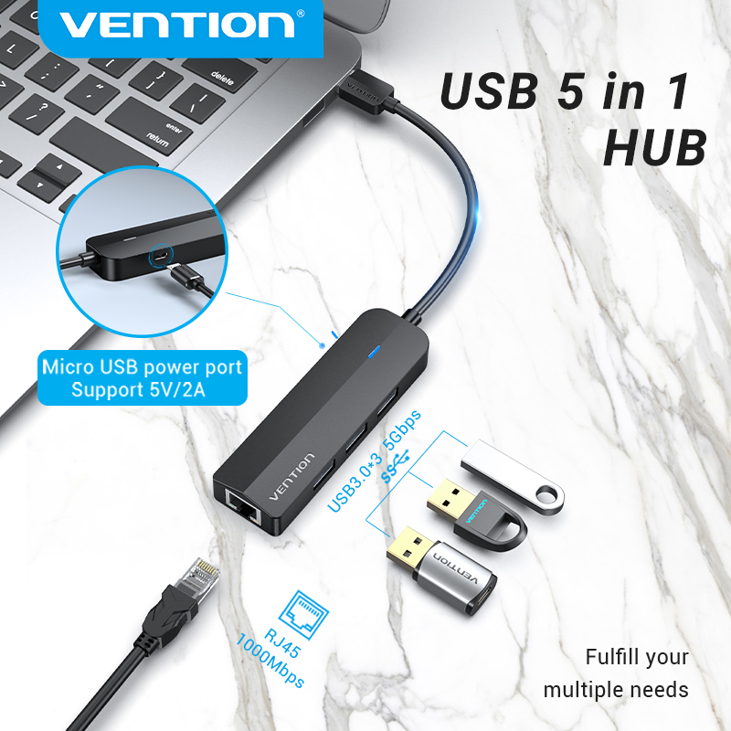 Vention USB HUB  3 Port USB 3.0 Hub with RJ 45 Gigabit Ethernet Adapter USB 3.0 HUB With Micro USB Power Port Supply For PC Laptop Hard Disk  USB 3.0 HUB