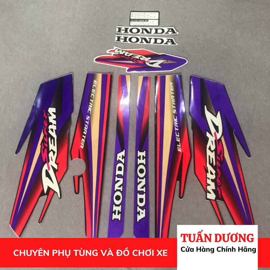 Trọn bộ tem rời dán xe máy Super Dream 1999 màu tím, Tem hàng đẹp lắp được cả dream thái và dream việt các đời