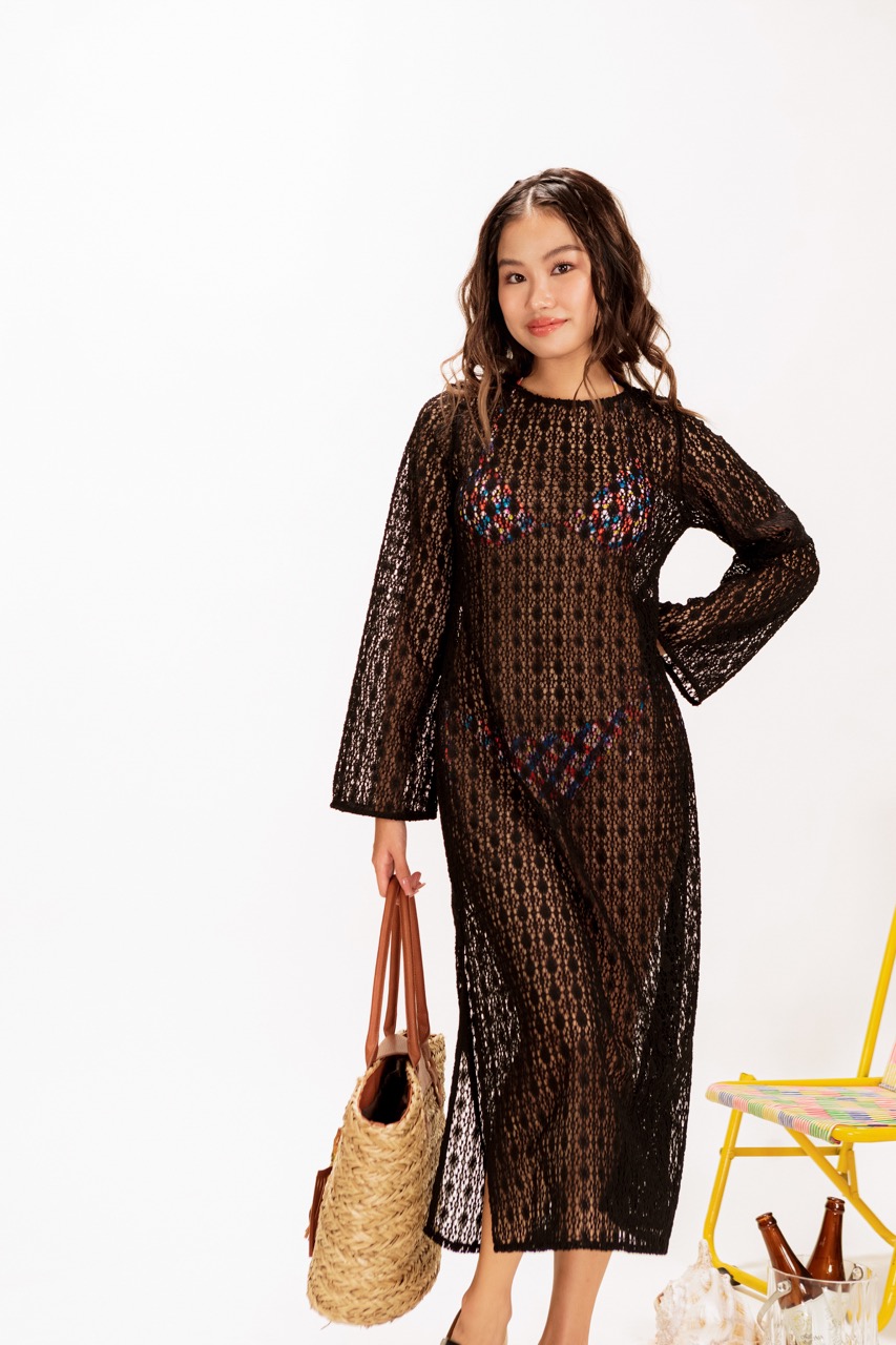 LIBÉ - Đầm crochet dài dáng suông tay dài màu đen