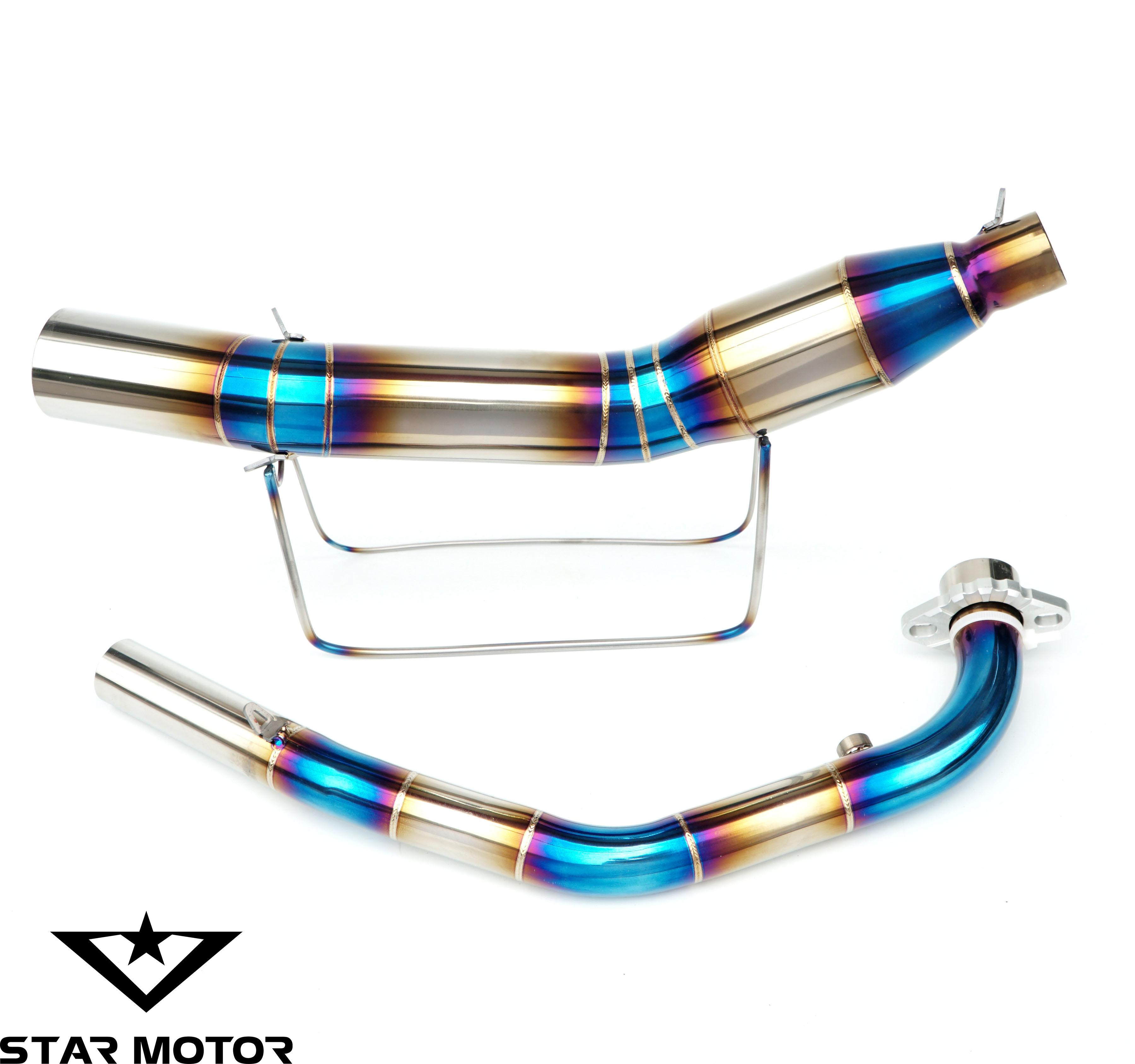 Cổ pô r15v3 | cổ pô titan bầu hơi tổ ong 2 khúc r15 tặng kèm khâu nối inox cnc + tai pát nhôm