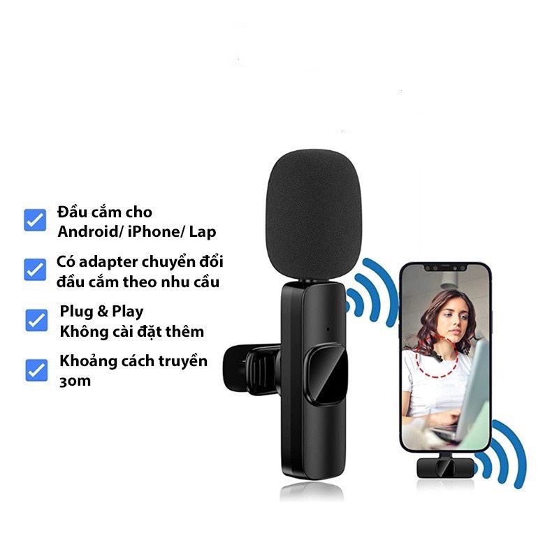 Bộ 2 micro thu âm không dây Gutek K9 khử tiếng ồn để livestream livetream ghi âm phát trực tiếp quay video cổng iphone