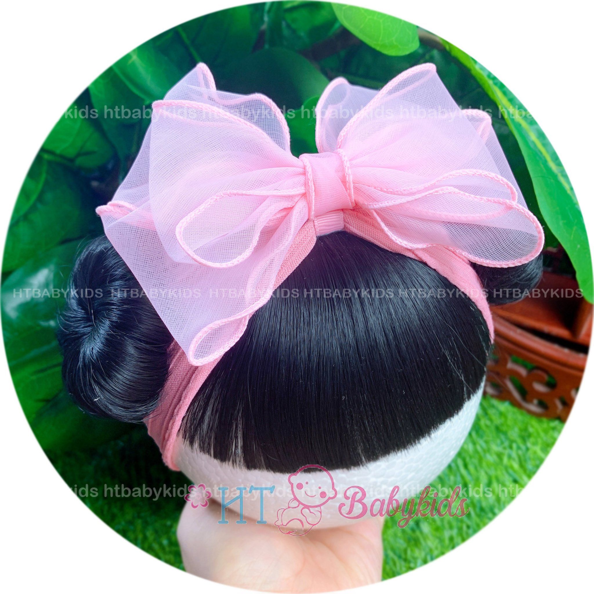 Băng đô turban tóc giả cho bé gái nơ voan tiểu thư kèm tóc mái và tóc búi natra hai bên