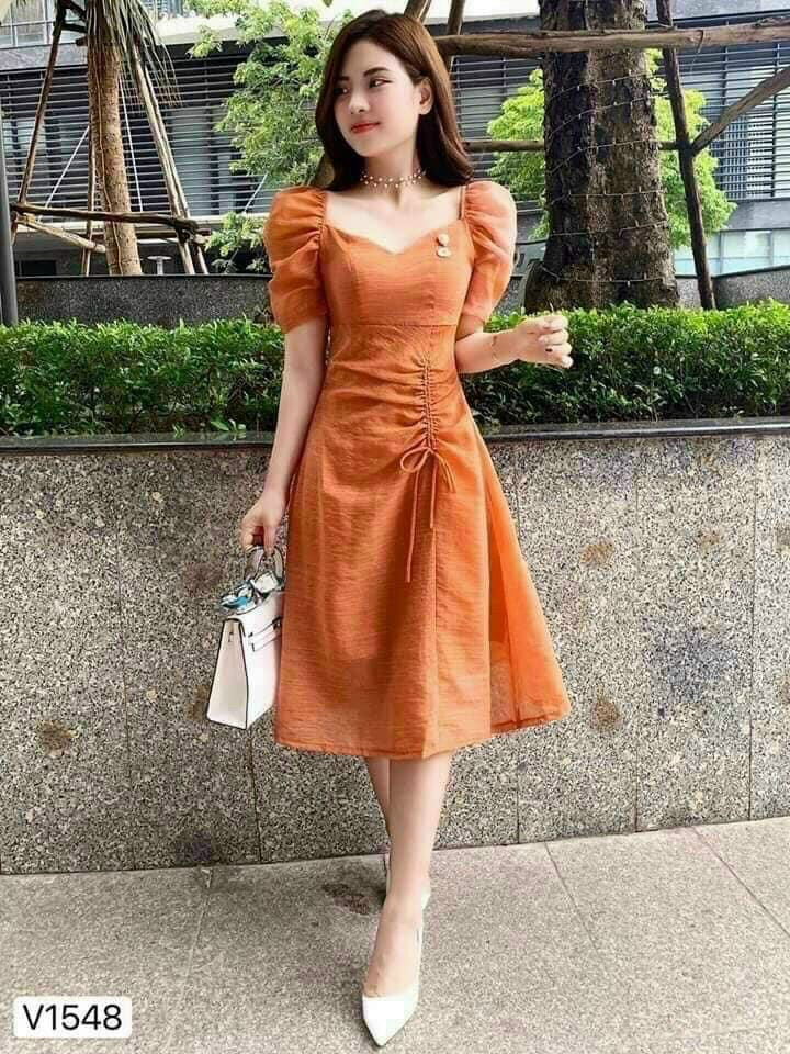 ( SIÊU KHUYẾN MÃI) ĐẦM LỤA SATIN RÚT DÂY NGỰC TAY BỒNG CÓ MÚT LD22 ( Shop Đầm cao Cấp ST)