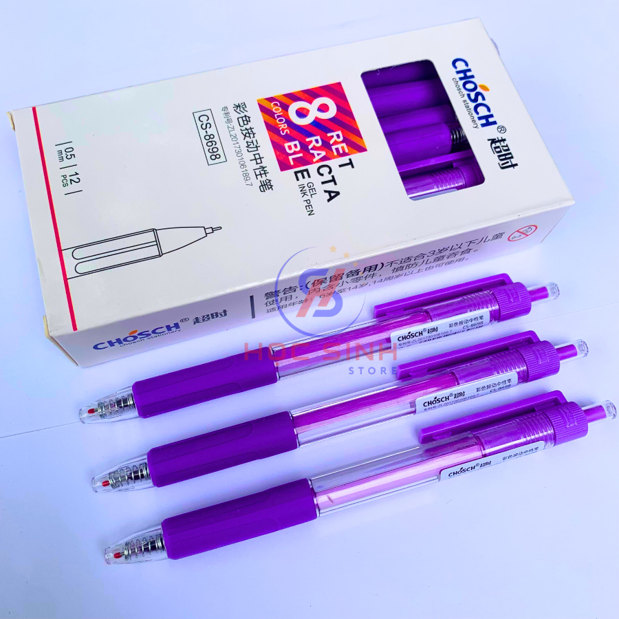Hộp 12 cây bút gel bấm chosch cs8698 0.5mm mực nước xanh, tím