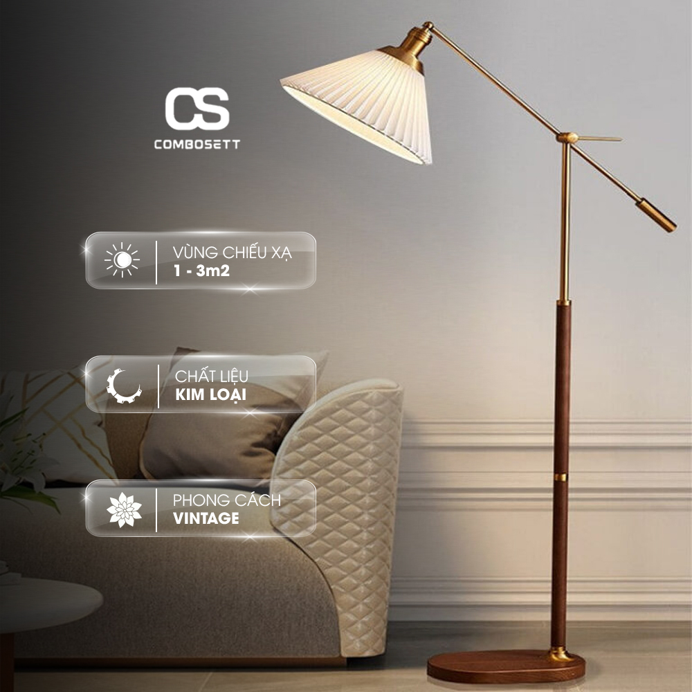 Đèn cây đứng chao sứ thân gỗ óc chó cao cấp, Đèn sàn cho phòng khách, phòng ngủ phong cách Vintage chao nón xếp ly