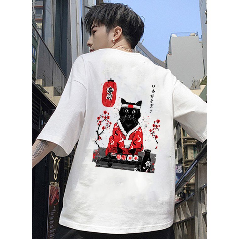 [Hoàn Tiền 15%] Áo thun tay lỡ nam mèo đen samurai form rộng vải dày mịn 2020T2620