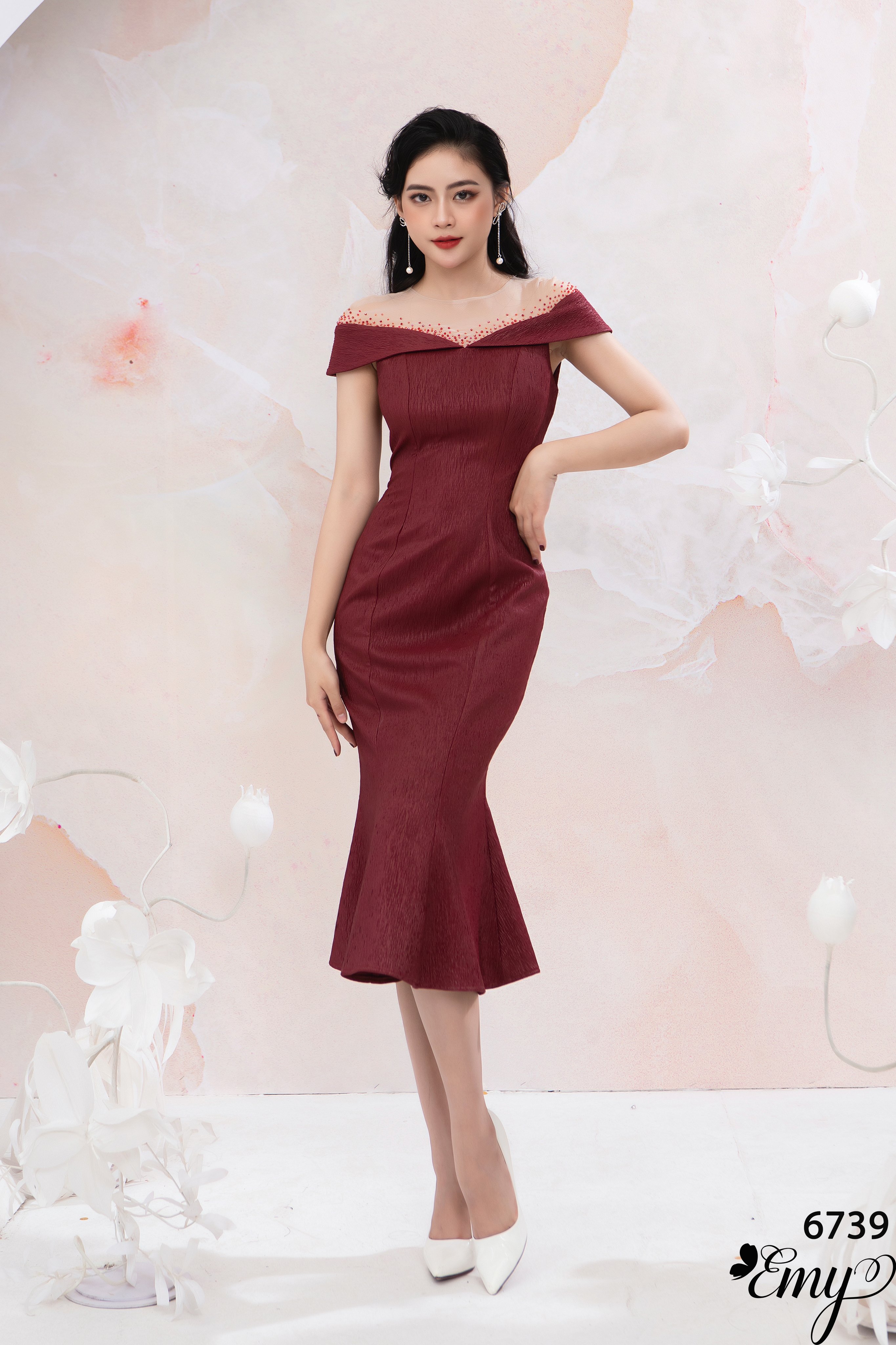 Đầm EMY EM6739 Body Đuôi Cá Phối Lưới