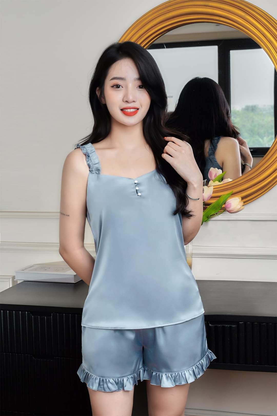 Bộ đồ ngủ lụa 2 dây mặc nhà  lụa satin cao cấp thoáng mát  dưới 75kg