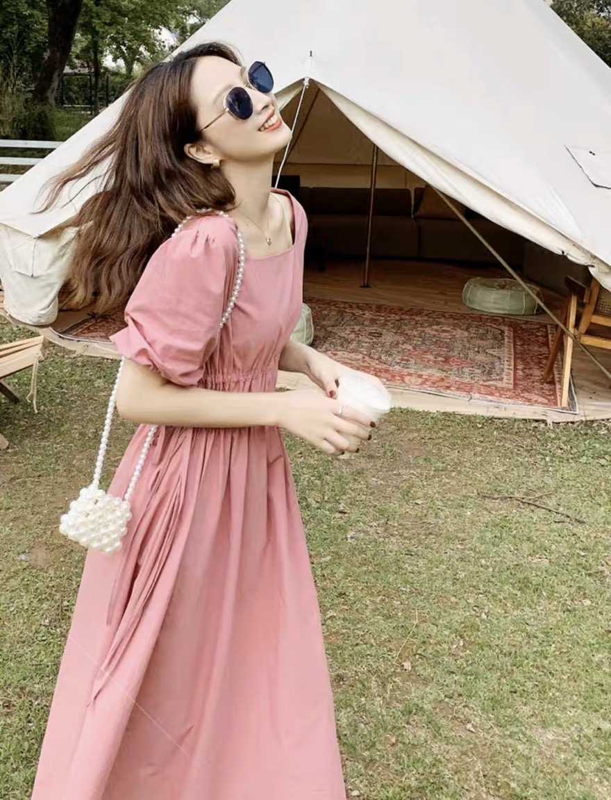 Đầm cổ vuông thun eo 2 màu