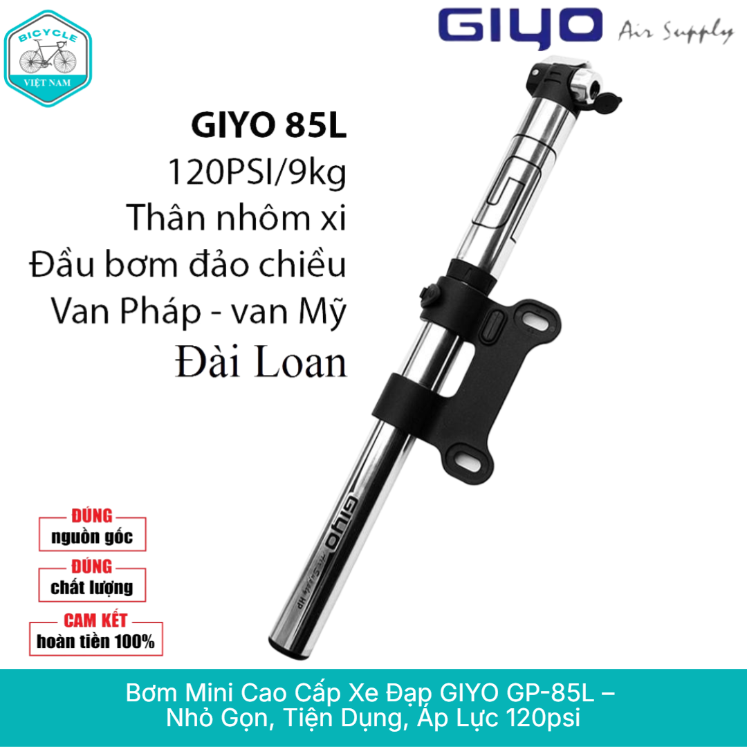 High Quality Mini Bicycle Pump Giyo Gp 85L – Cnc Aluminum Alloy, Pressure 120 Psi, Extendable Cord, Genuine