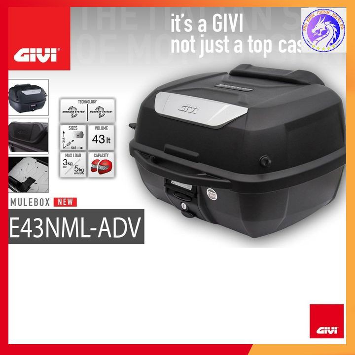 Thùng sau givi e43ntl-adv dung tích 43 lít mulebox gắn sau xe máy, xe motor màu đen có đi kèm với đế gắn thùng và ốc gắn bảo hành 2 năm