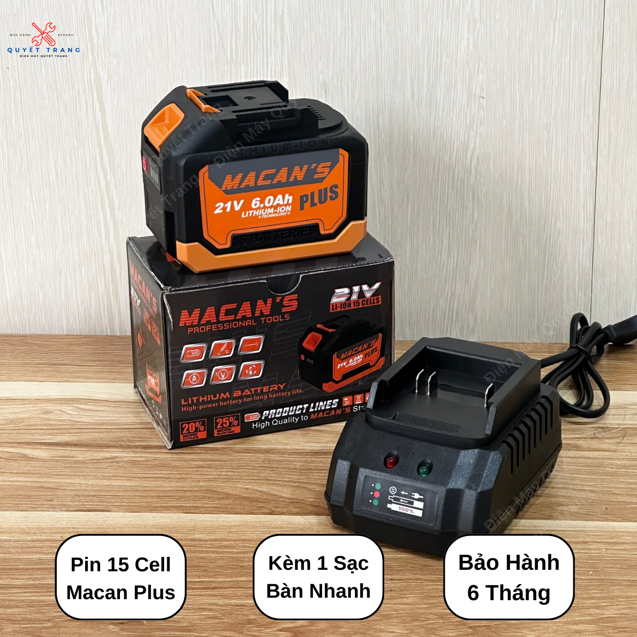Pin macan 15 cell plus mạch 6 mofet chân pin phổ thông dòng xả cao kèm 1 sạc bàn nhanh
