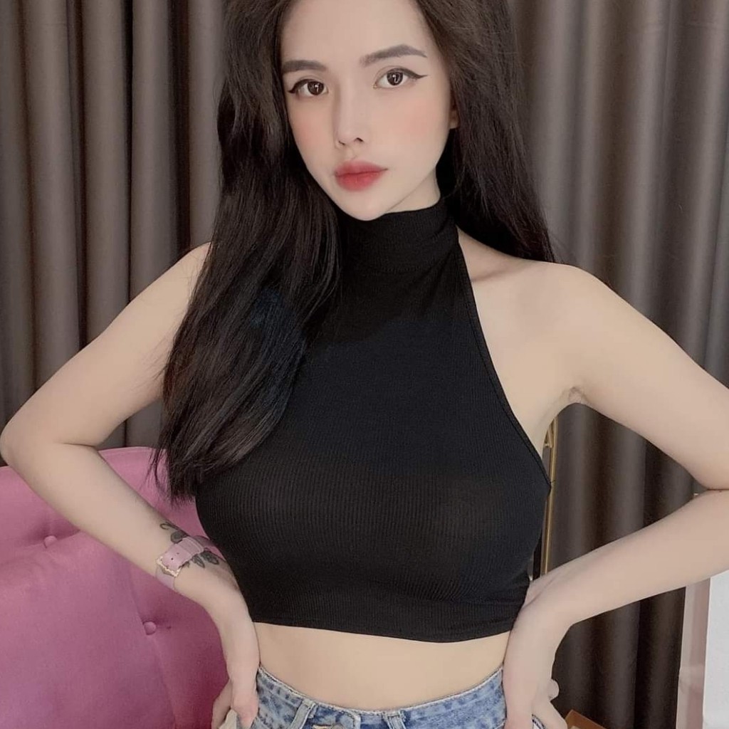 Áo nữ - áo croptop cổ yếm chất thun gân hàng chuẩn đẹp ảnh thật 100%