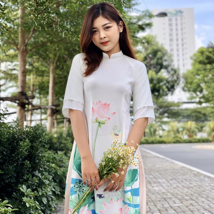 Set áo dài cách tân in hoa sen tay lỡ xếp tầng