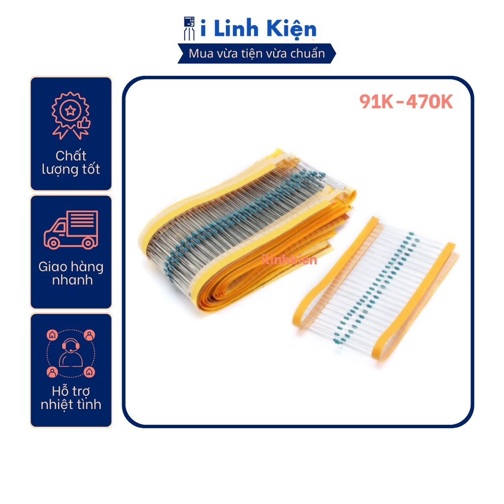 Điện trở vạch 1/4w 91k-470k 1% chân đồng túi 50 con.