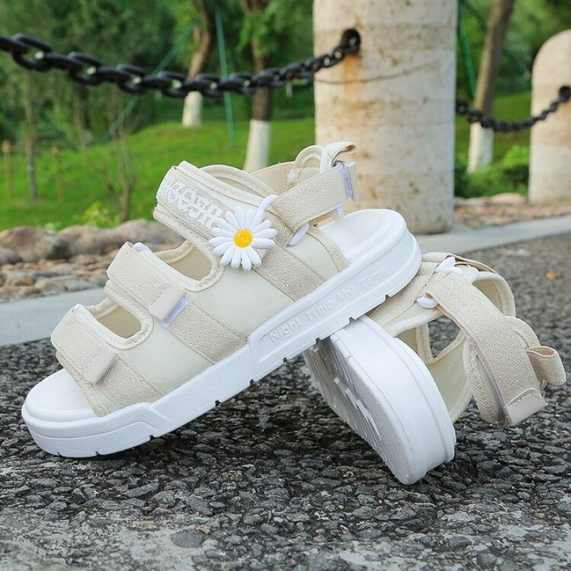 (Video 2 màu) Sandal nữ,sandal Ulzang hoa cúc 3 quai dán vải mềm giá rẻ