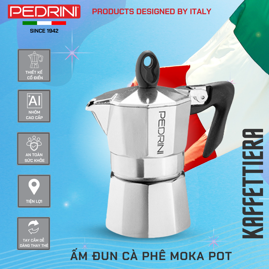 Ấm Pha Cà Phê Kiểu Ý Moka Pot PEDRINI Kaffettiera Bằng Nhôm Nhập Khẩu Chính Hãng - Loại 1,2,3, 6 Cups - Màu Đen