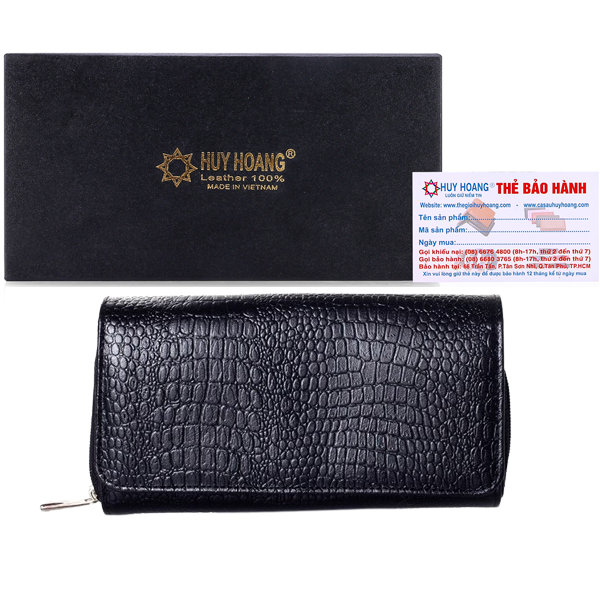 Ví nữ da bò vân cá sấu nhiều ngăn màu đen HK3133