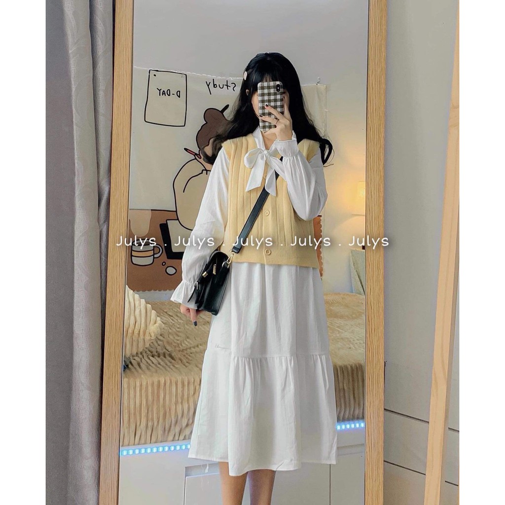 Váy trắng suông dài cổ thắt nơ HSU1220