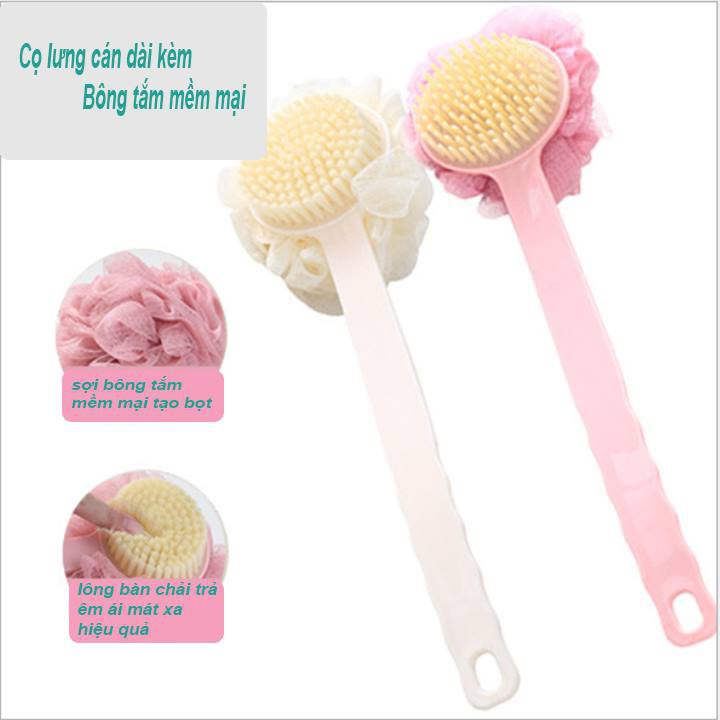 [HCM]Cây cọ lưng chà lưng SSS tạo bọt 2 mặt kèm bông tắm cán dài cầm tay (màu ngẫu nhiên )