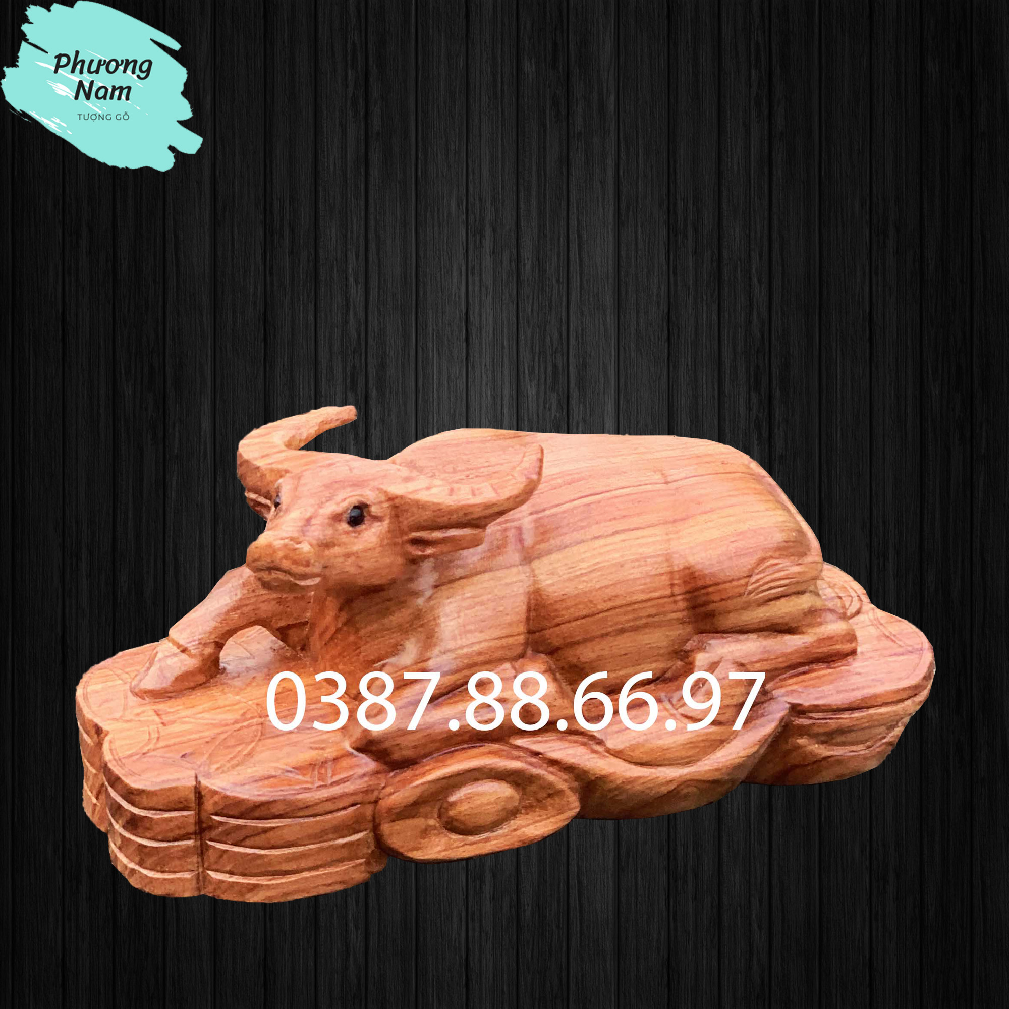 Tượng gỗ con trâu chiều ngang rộng 15cm và 20cm chất liệu gỗ hương