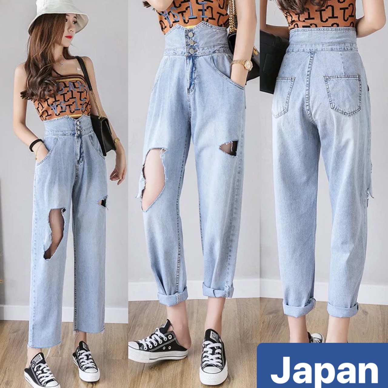 QUẦN BAGGY JEAN NỮ CHẤT BÒ XANH 3 CÚC CAO NHẬT BẢN XINH XINH LƯNG CAO NÂNG MÔNG JP-036 JAPAN FASHION