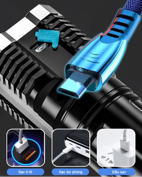 Đèn Pin Siêu Sáng 4 Led 4 Chế Độ Chiếu Sáng cổng sạc pin USB