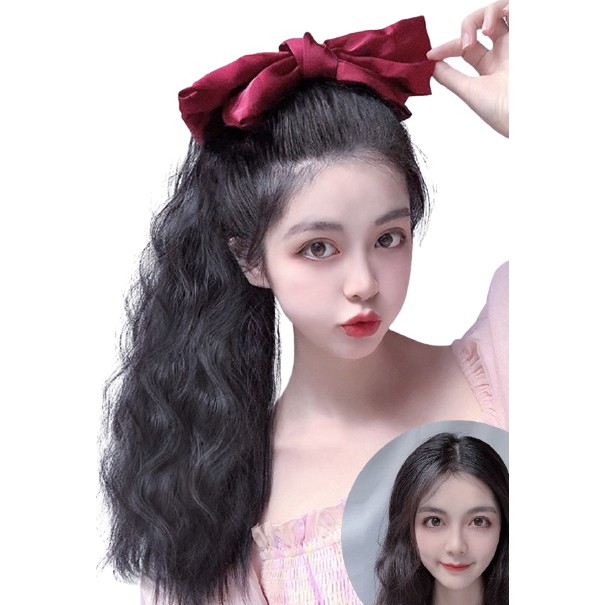 Tóc giả buộc cột xù kèm nơ đỏ siêu hot chất liệu sợi tơ cao cấp