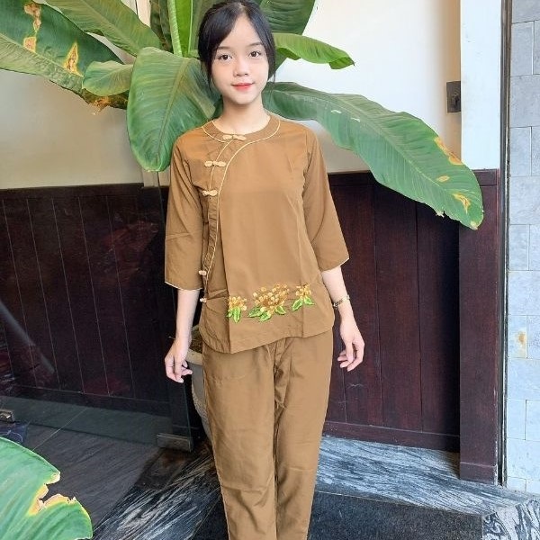 Quần Áo Phật Tử, Đồ Lam Phật Đi Chùa Nữ, đồ bộ mặc nhà mẫu viền đôi mã PN08