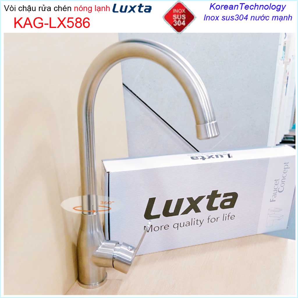 Vòi rửa chén bát Luxta nóng lạnh KAG-LX586, Vòi bếp Inox SUS304  cần cong tay gật gù bao gồm dây cấp nước mạnh siêu bền BH 5 năm