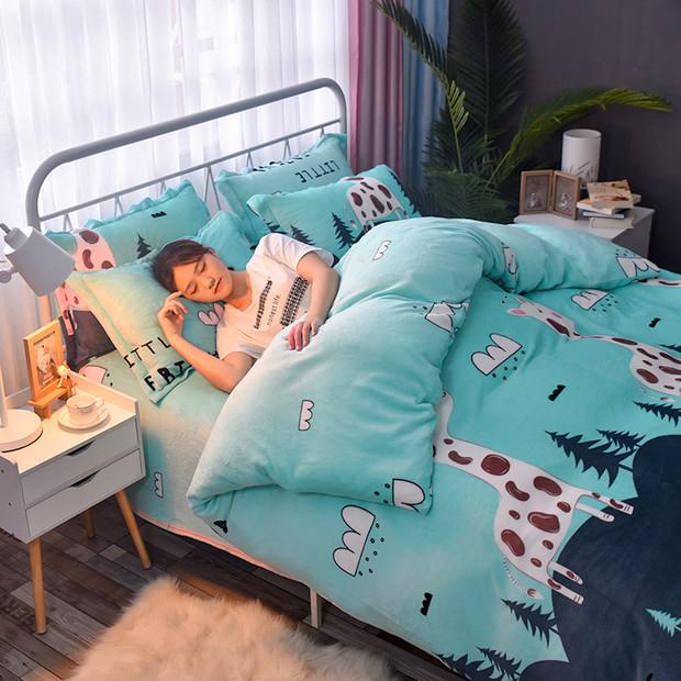 Mùa Đông Trên Giường Flano Nhung San Hô Bộ Bốn Chiếc 1.8m M Giường Vỏ Chăn Vải Flannel Vỏ Chăn Ga Trải Giường Ba Mảnh