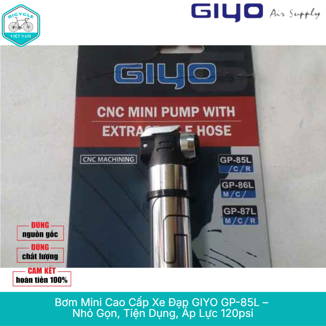 High Quality Mini Bicycle Pump Giyo Gp 85L – Cnc Aluminum Alloy, Pressure 120 Psi, Extendable Cord, Genuine