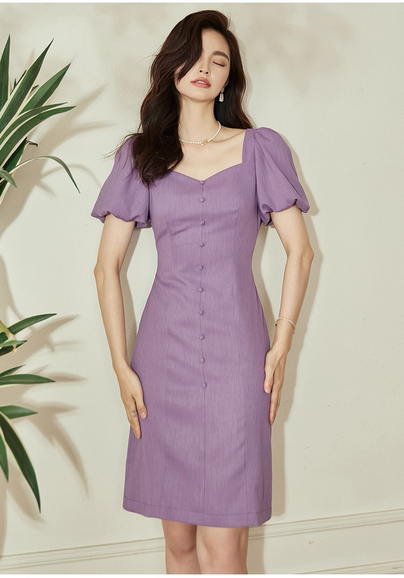 V-neck plain purple dress Puff button short sleeve