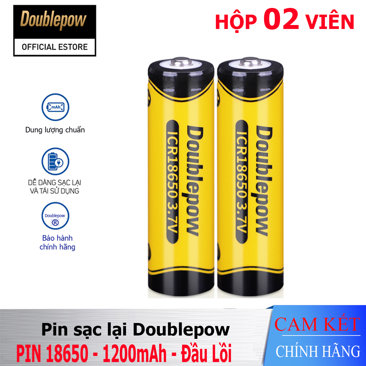 [Hộp 02 viên] Pin sạc Lithium 18650 - 1200mAh đầu lồi Doublepow, pin dung lượng thực