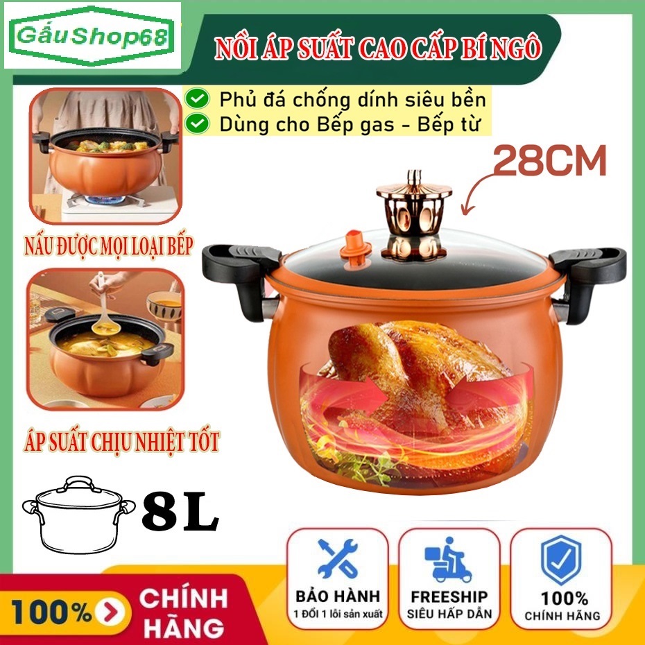 Nồi áp suất bí ngô 8 lít đa năng thông minh,nấu lẩu,hầm,chiên,xào và siêu chống dính
