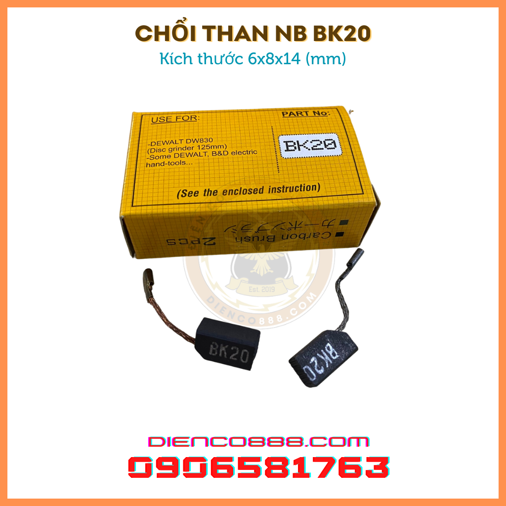 (Chính hãng) Chổi than BK20 NB kích thước 6x8x14mm (có bán 10 cặp)