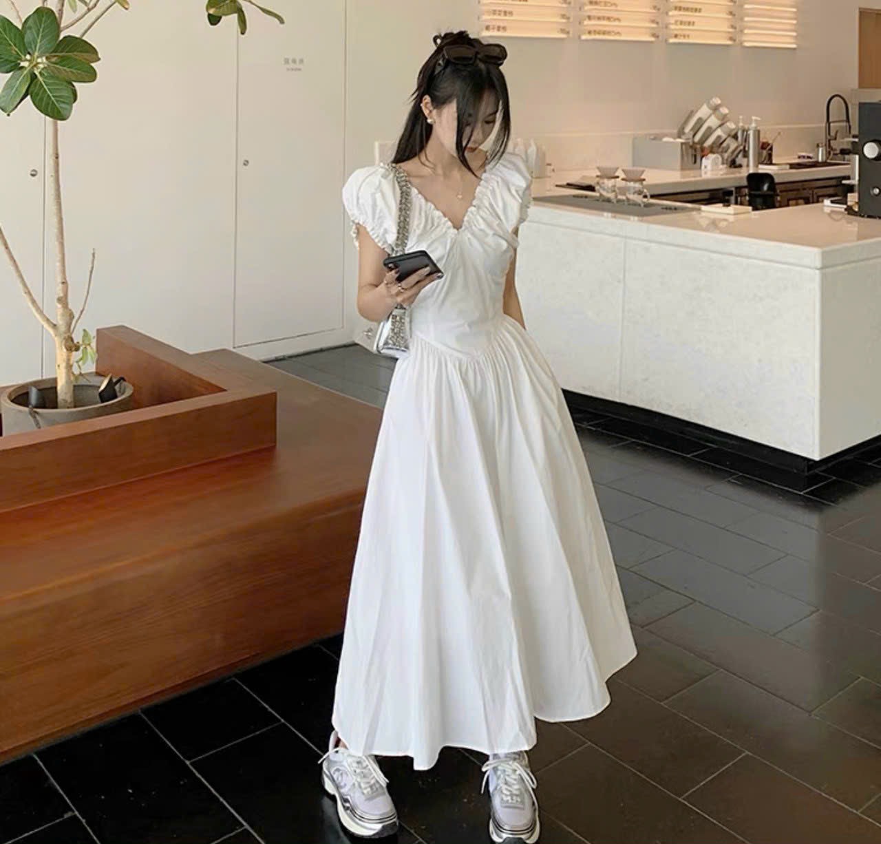 Đầm xoè cổ V nhúng vai 3 màu