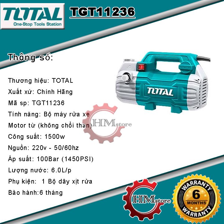 Máy rửa xe total 1500w, mã TG11236, áp suất 100bar - Máy rửa xe áp lực cao, máy rửa xe total, máy rửa xe gia đình, máy xịt rửa máy lạnh - Thương hiệu Total - Bảo hành 6 tháng - HẢI MY STORE