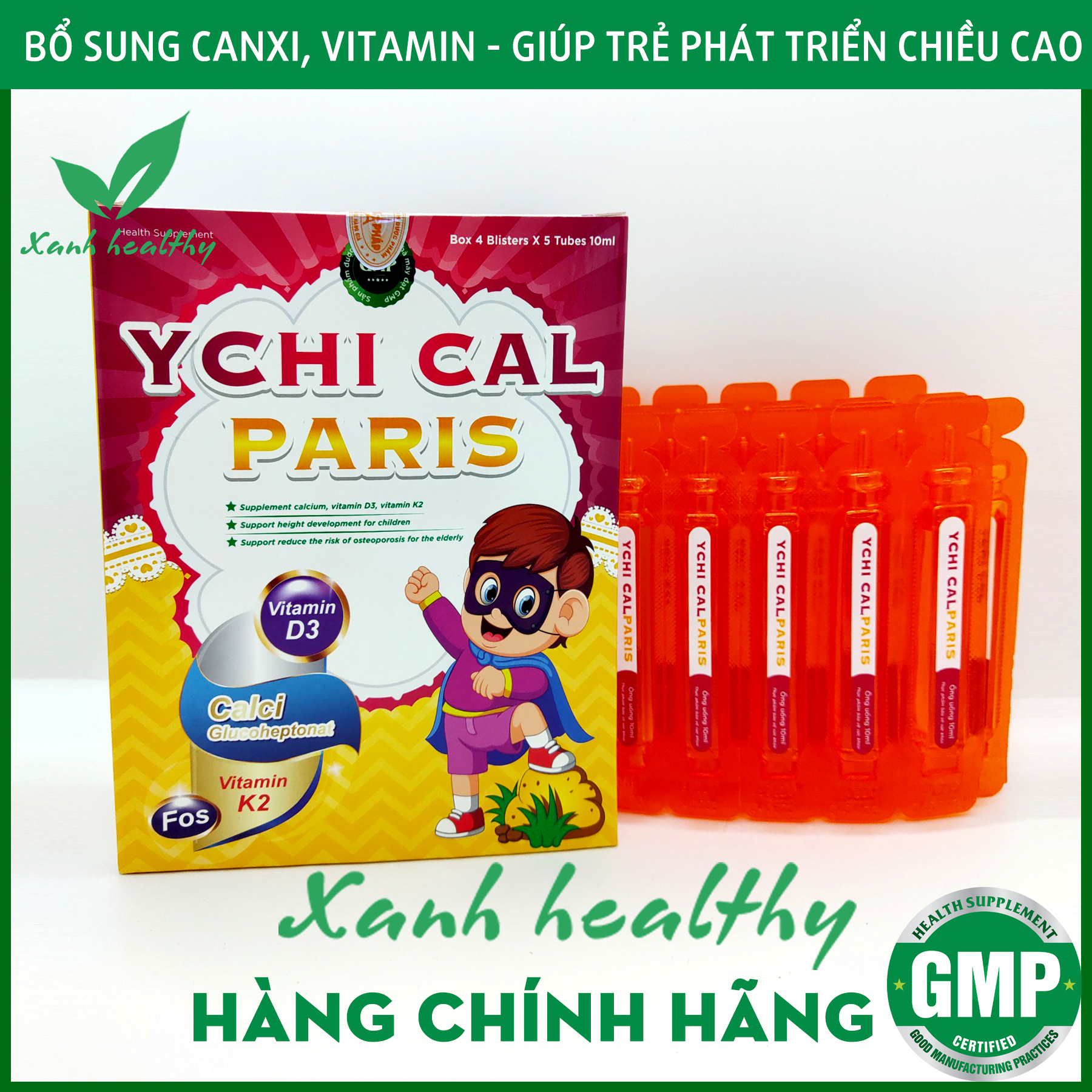 YCHI CAL-PARIS Siro bổ sung canxi tăng chiều cao cho bé - Bổ sung canxi, vitamin D3, Vitamin K2 giúp phát triển xương, tăng chiều cao - Hộp 20 ống 10ml - Hàng chính hãng