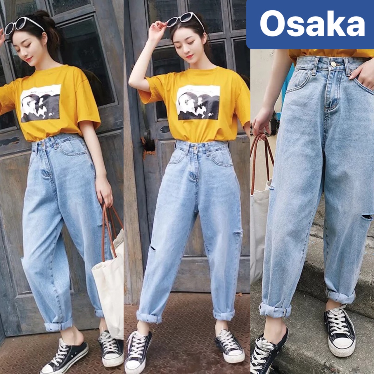 QUẦN BAGGY JEAN NỮ CHẤT BÒ XANH RÁCH 2 MÉP MỚI LƯNG CAO NÂNG MÔNG TREND OK-205 OSAKA FASHION