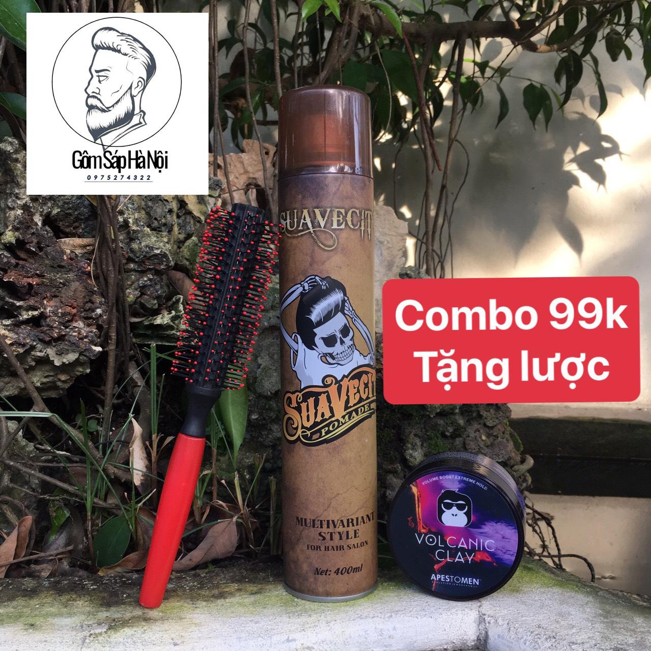 [ Tặng Lược ] COMBO Gôm Xịt Tóc  Suavecito + Sáp Vuốt Tóc Nam Volcanic CLay (Đen)