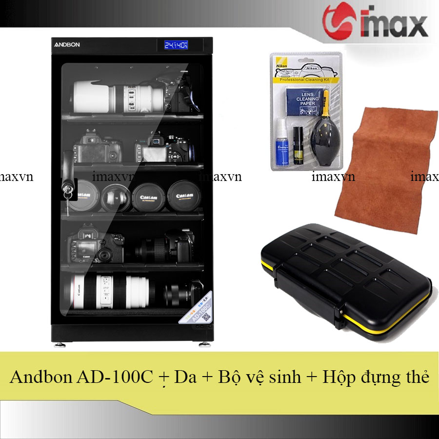 Tủ chống ẩm andbon ad-100c - công nghệ japan + hộp đựng thẻ chống nước + bộ vệ sinh máy ảnh 8 in 1 + tặng da cừu lau len