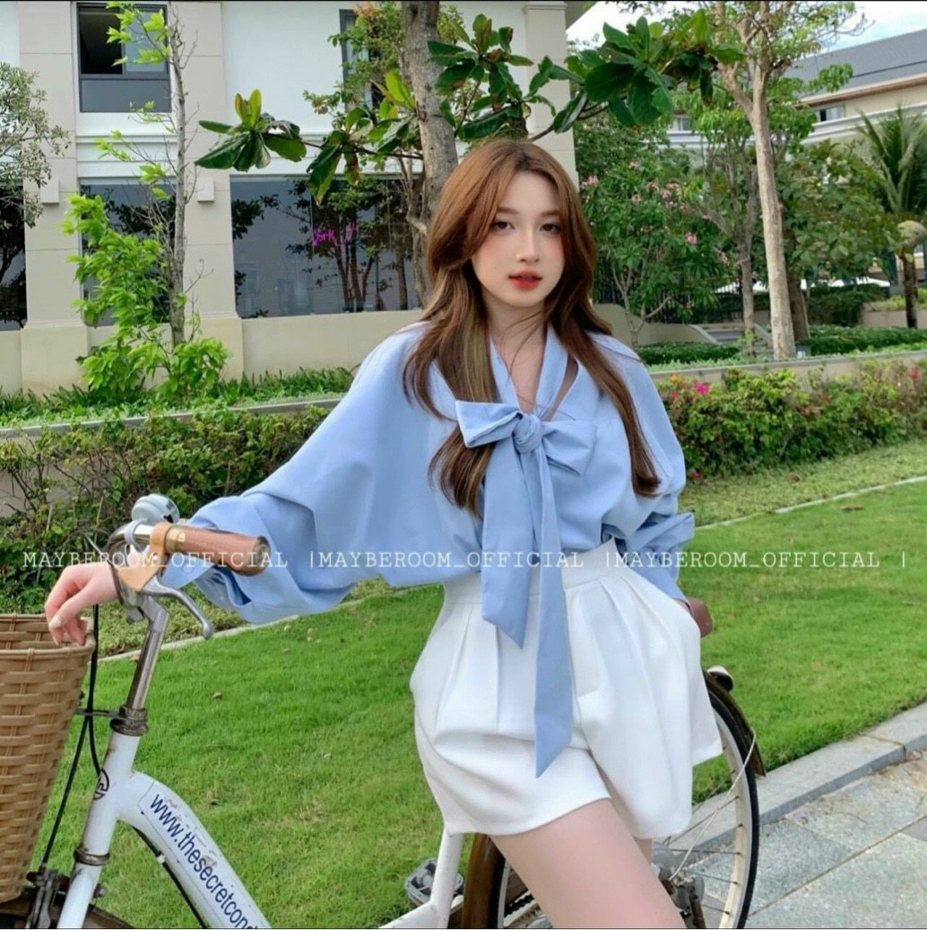 Sét Quần Áo Nữ 2 Món Áo Dài Tay Cột Nơ & Quần