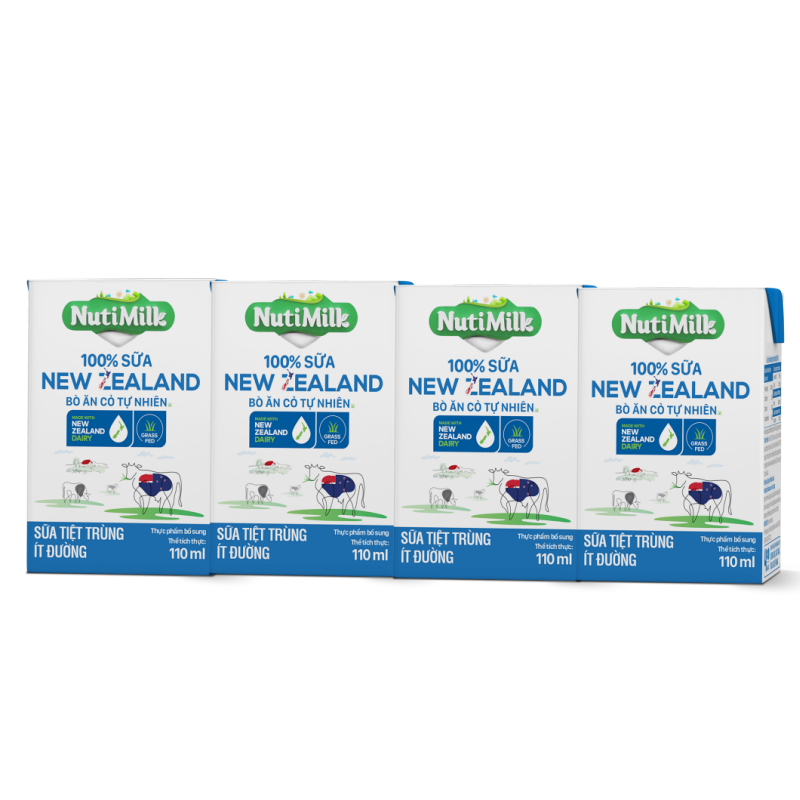 Combo 4 Hộp NutiMilk 100% Sữa New Zealand Bò ăn cỏ tự nhiên Ít đường 110ml