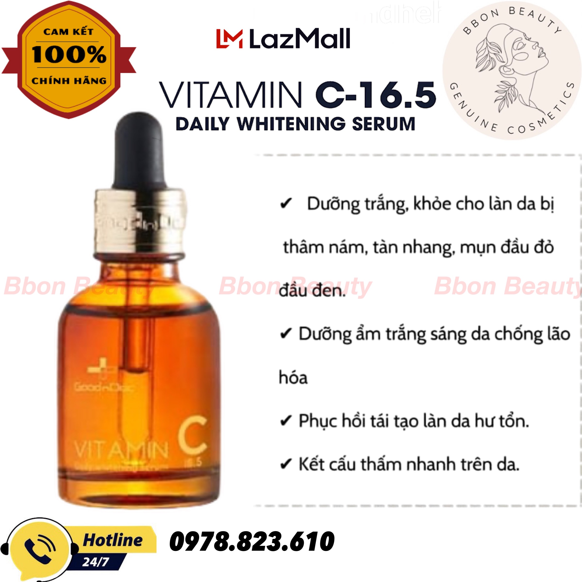 Serum vitamin c mờ thâm nám trắng da goodndoc vitamin c 16.5 daily whitening 30ml - bbon beauty chính hãng