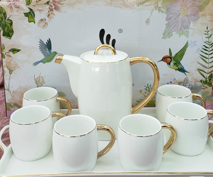 BỘ ẤM CHÉN PHA TRÀ HIỆN ĐẠI TRẮNG VIỀN VÀNG CAO CẤP