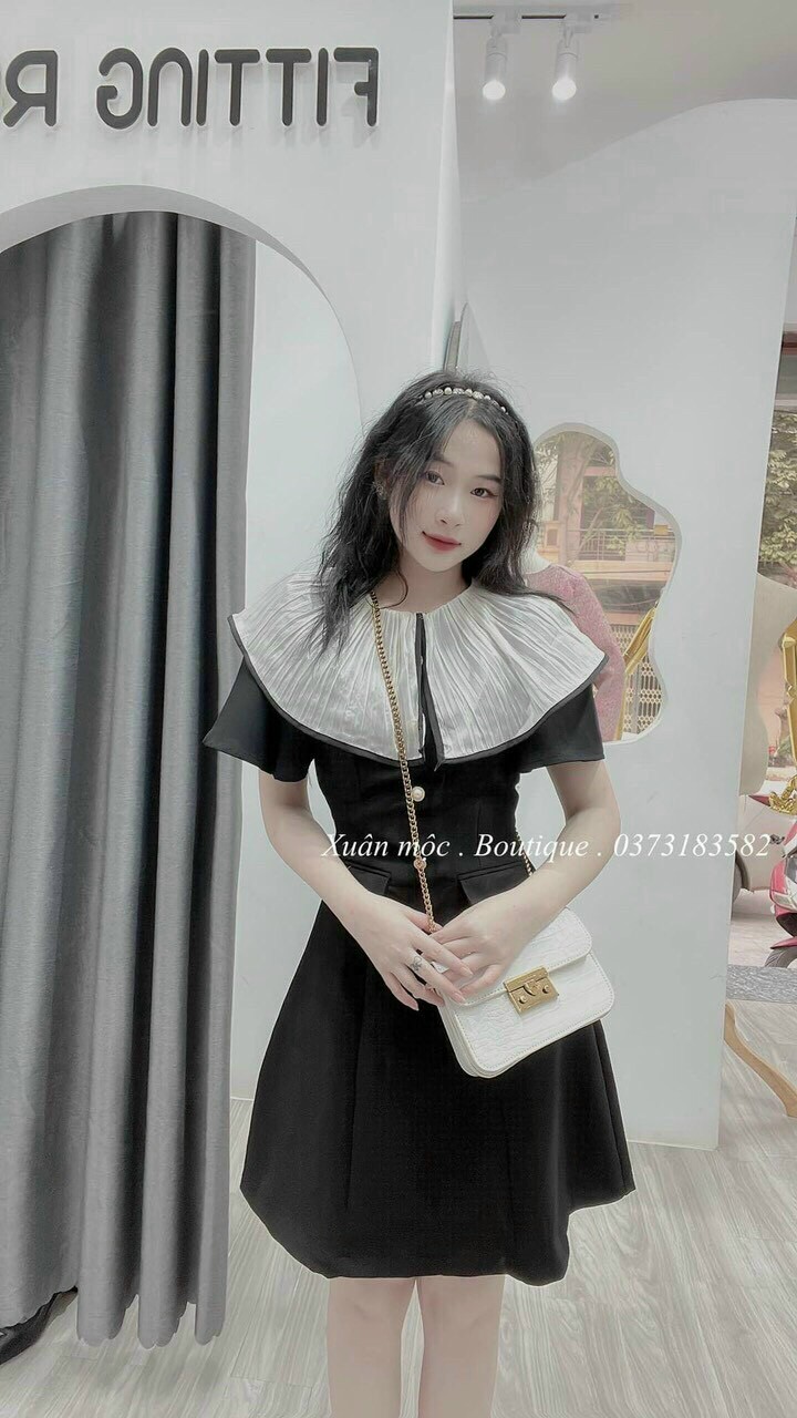 [HCM][Sale Miễn Phí Ship-Voucher Hoàn Tiền] Đầm Kate lụa xòe đính nút cổ bèo siêu xinh, đính túi giả eo